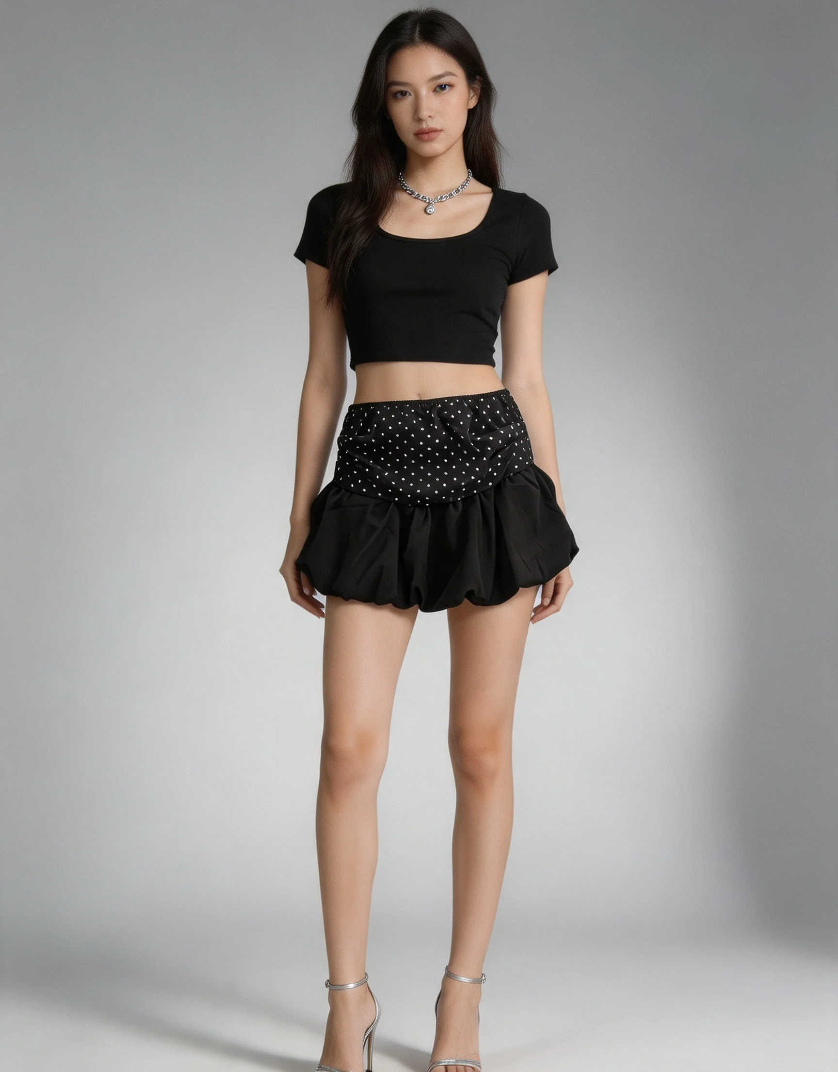 Black Wave Dot Waist Puffy Spice Girl Style Tight Waist Skirt Skirt