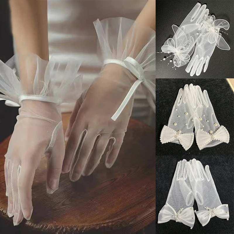 Elegant Ladies Lace Silk Bow Gloves Ultra Thin Stretchy Sheer Tulle Gloves Black White Mittens Bride Wedding Prom Party Supplies