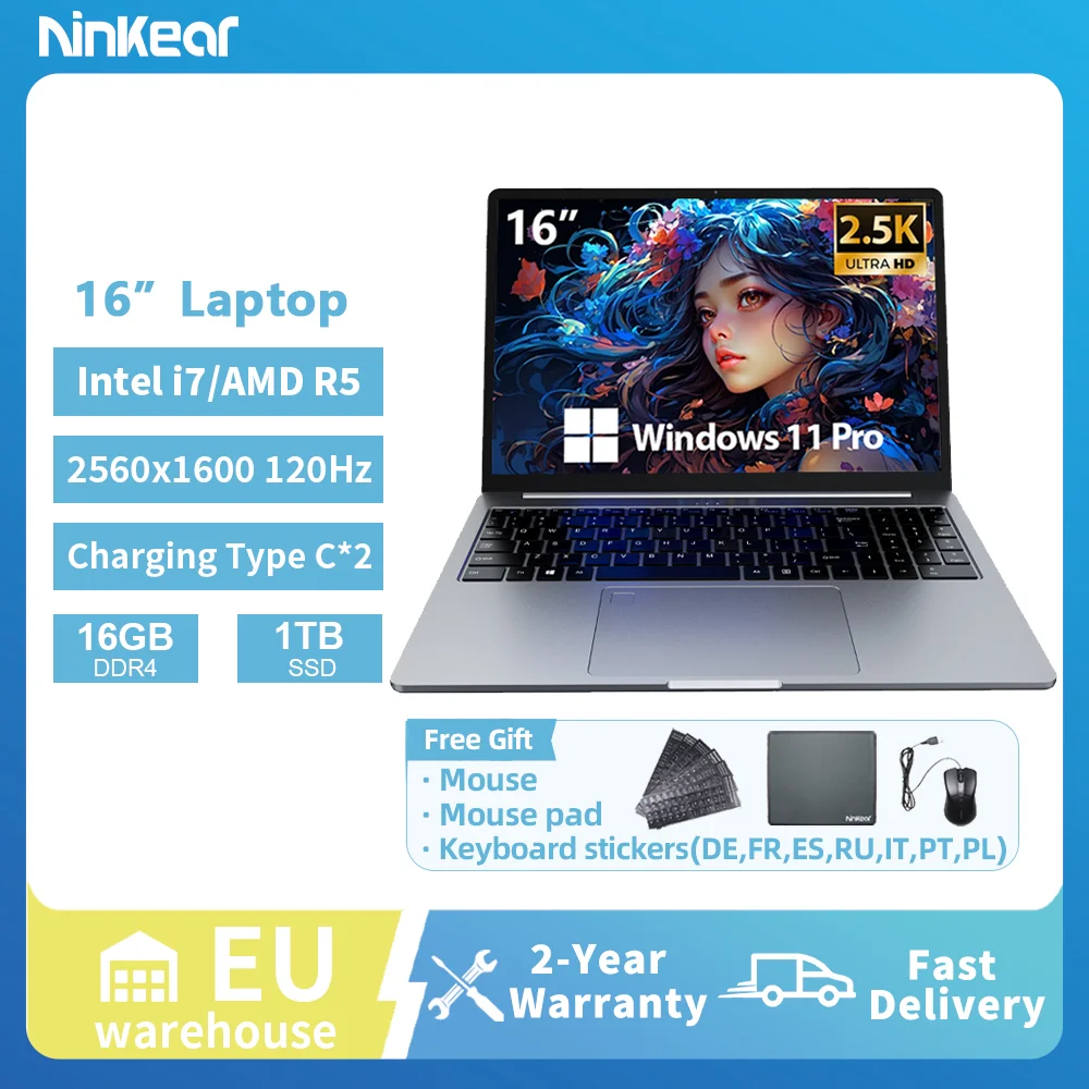 Laptop Ninkear 16 cali 2.5K 120Hz Intel i7-12700H/AMD Ryzen 5 WiFi 6 16GB RAM 1TB SSD Laptop Windows 11 Notebook Komputer do biura