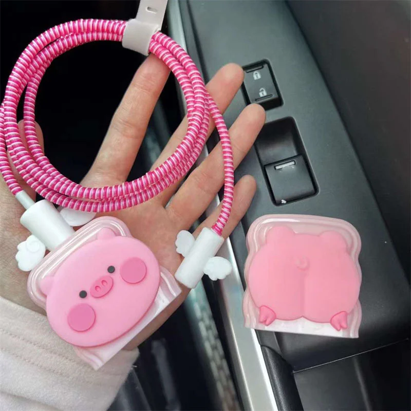 Cartoon Cute Pink Pig Silicone Charger Case For IPhone 15 14 13 18W-20W Fast Charge Protection Cover Charger Sleeve Accessories