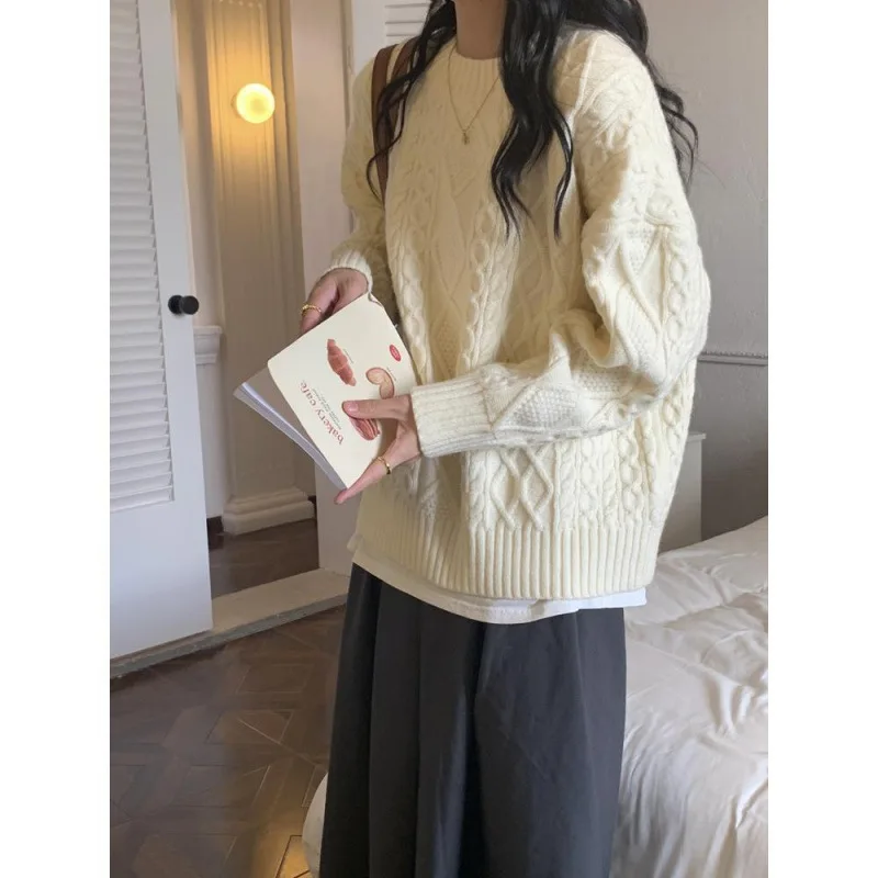 بلون تنوعا فضفاض طاقم الرقبة تريكو سترة المرأة الخريف الشتاء نمط جديد ملابس خارجية سترة الجولة الرقبة البلوز #2