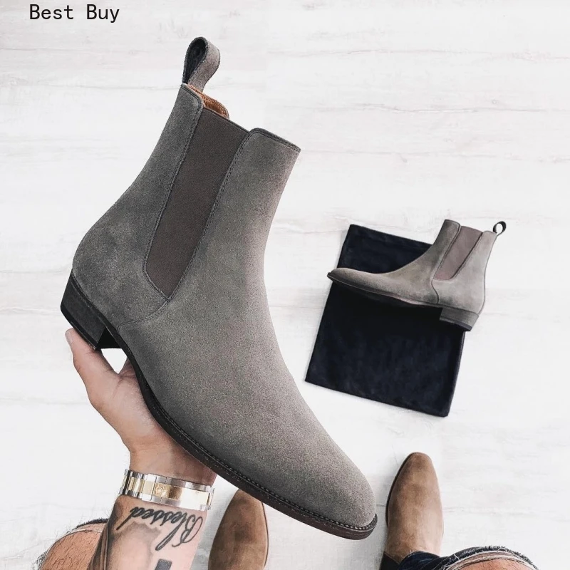 New spring/autumn Gray Chelsea Boots for slip-on Men Faux Suede Flock Business Mens Short Boots Ankle Boots for Mens Size 38-48