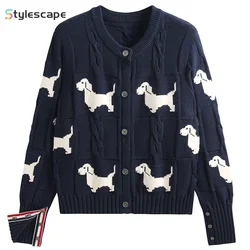 New Fall Versatile Design Dog Jacquard Fried Dough Twists Lazy Round Neck Knitted Cardigan Women's Top Short Coat