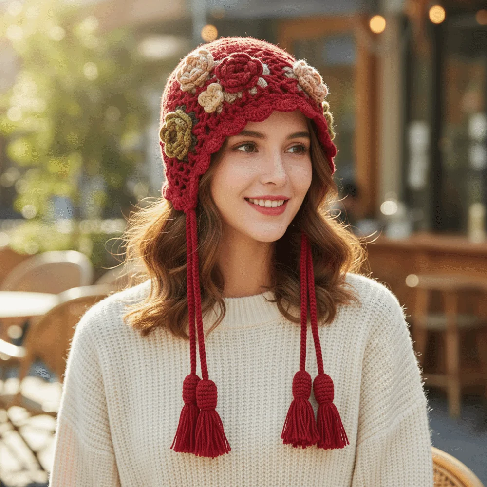 

Cute Tassels Crochet Knitted Hat Hollow Out Bohemian Style Knit Cap Handmade Korean Ethnic Style Hat Travel