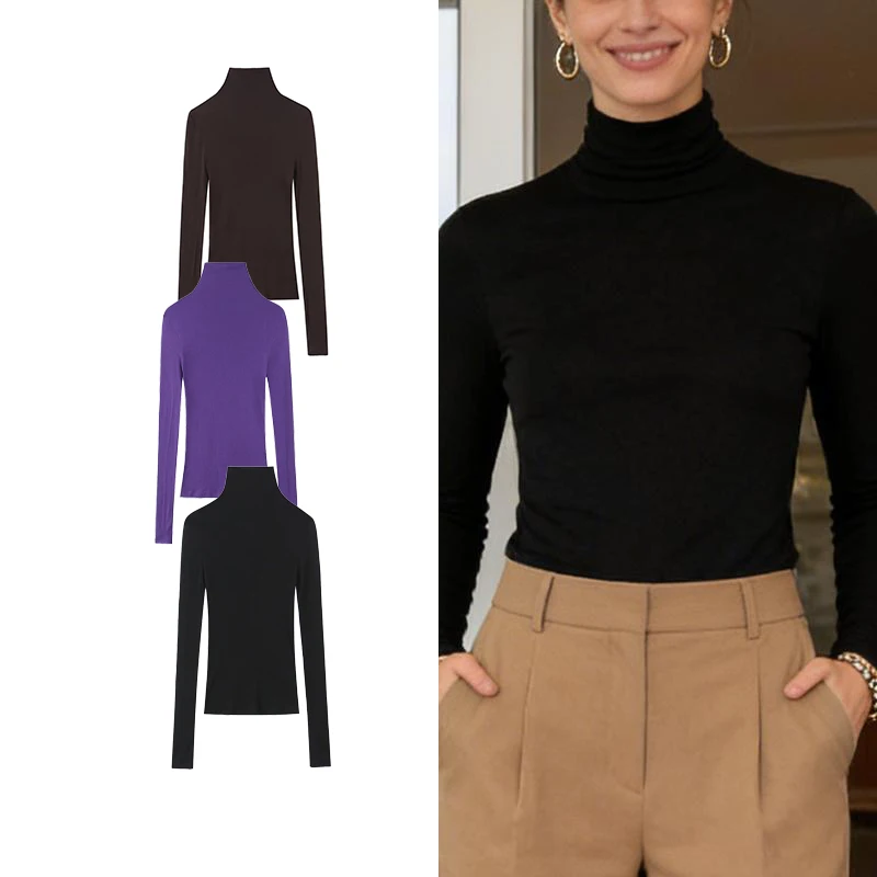 T-shirts à manches longues et col montant pour femmes – T-shirts basiques coupe ajustée en marron, violet, noir pour un usage quotidien et en couches