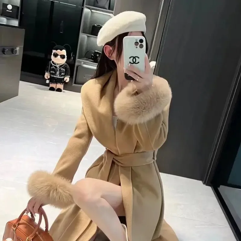 معطف صوفي على الطراز الأوروبي سترة برباط حتى الخصر فرو الثعلب فضفاض كل مباراة سترة طويلة للنساء لخريف وشتاء 2025