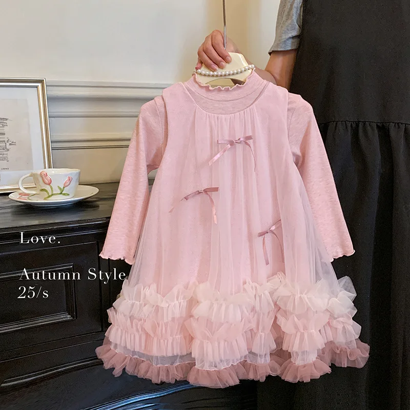 

Girls Cute Autumn2025New Early Autumn Base Top Sleeveless Bow Dress Two-Piece Set