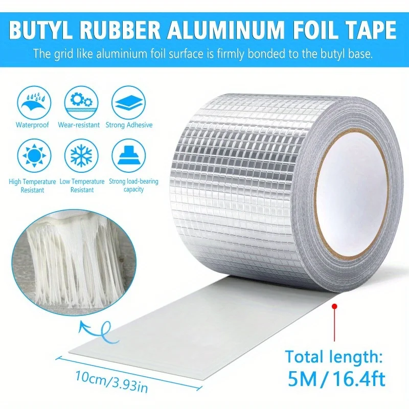 1Roll Super Waterproof Self-Adhsive Tape,Butyl Rubber Aluminium Foil Adhesive Repair,For Roof and Duct Seal And Fastening