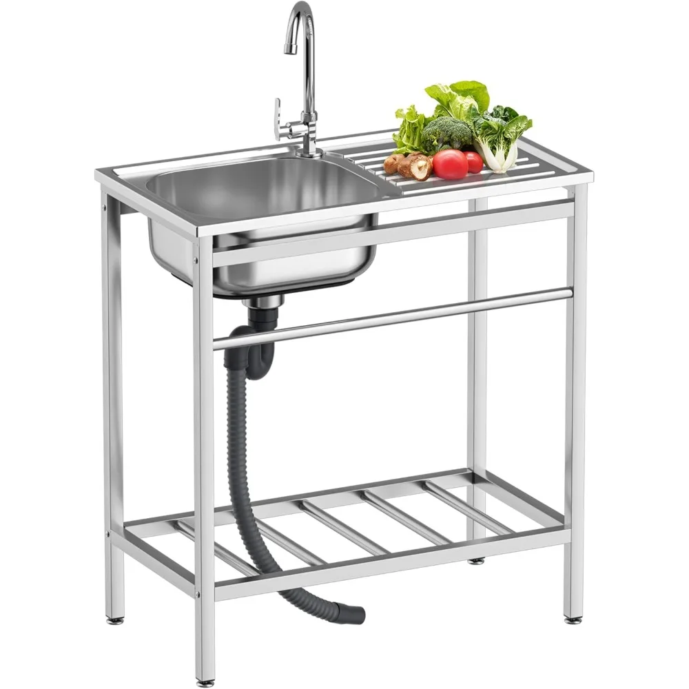 

free standing kitchen sink with workbench, stainless steel utility sink with set for commerical, outdoor, garage, laundry room u