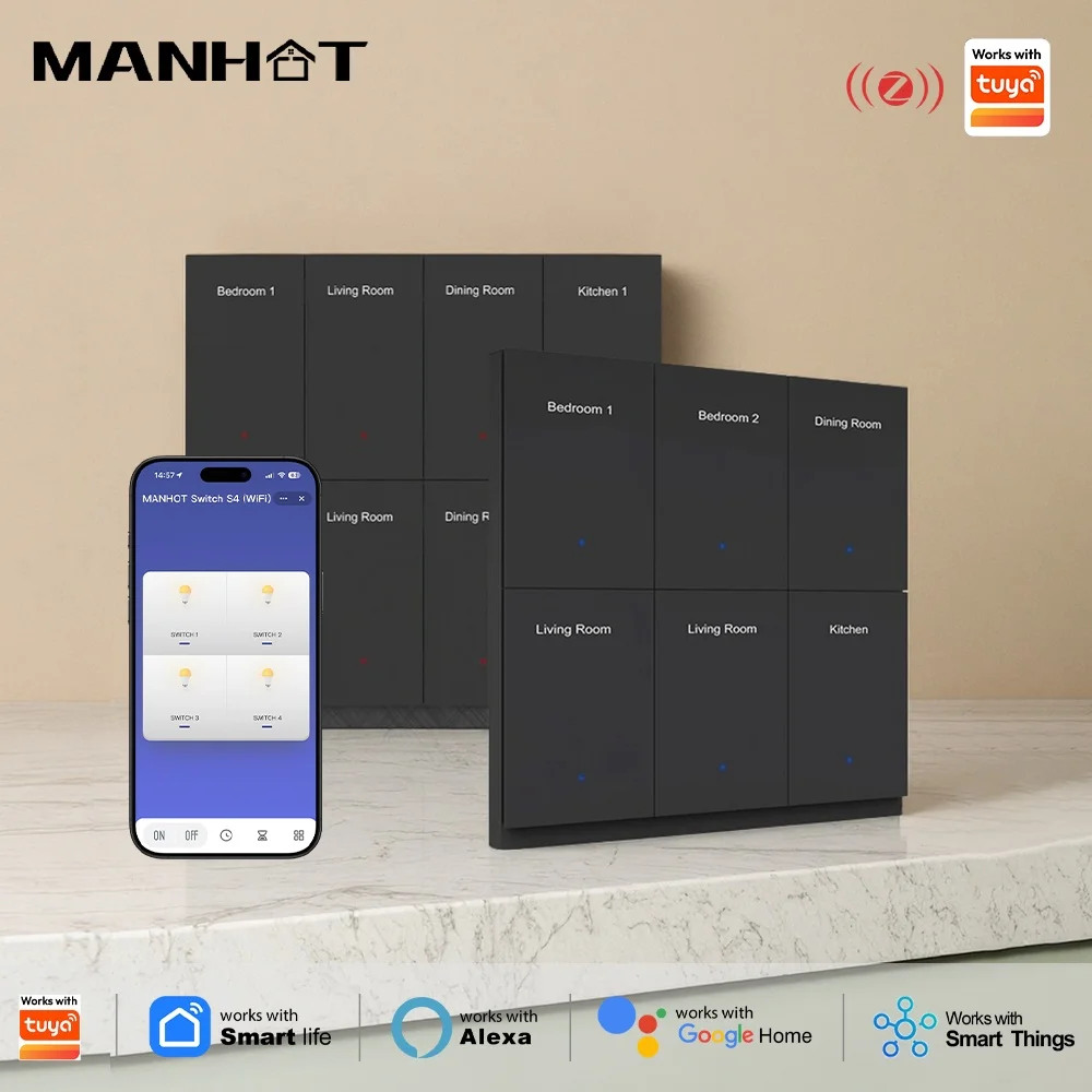 

Manhot DIY Name Switch Zigbee Smart Display Screen Black Push Button Light Switch Work with Tuya Alexa Google Home Voice Control