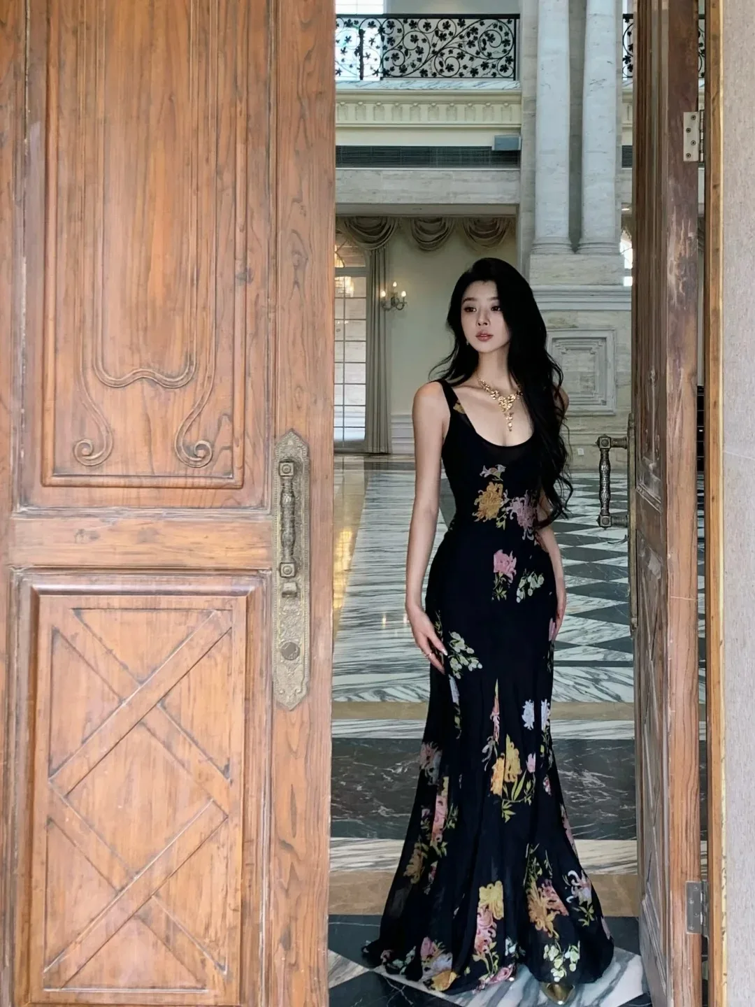 

Keni plus Size Pure Desire Rose Print Gown Women Summer Casual High Waist Fish Tail Long Dress Elegant plus Size Fashion