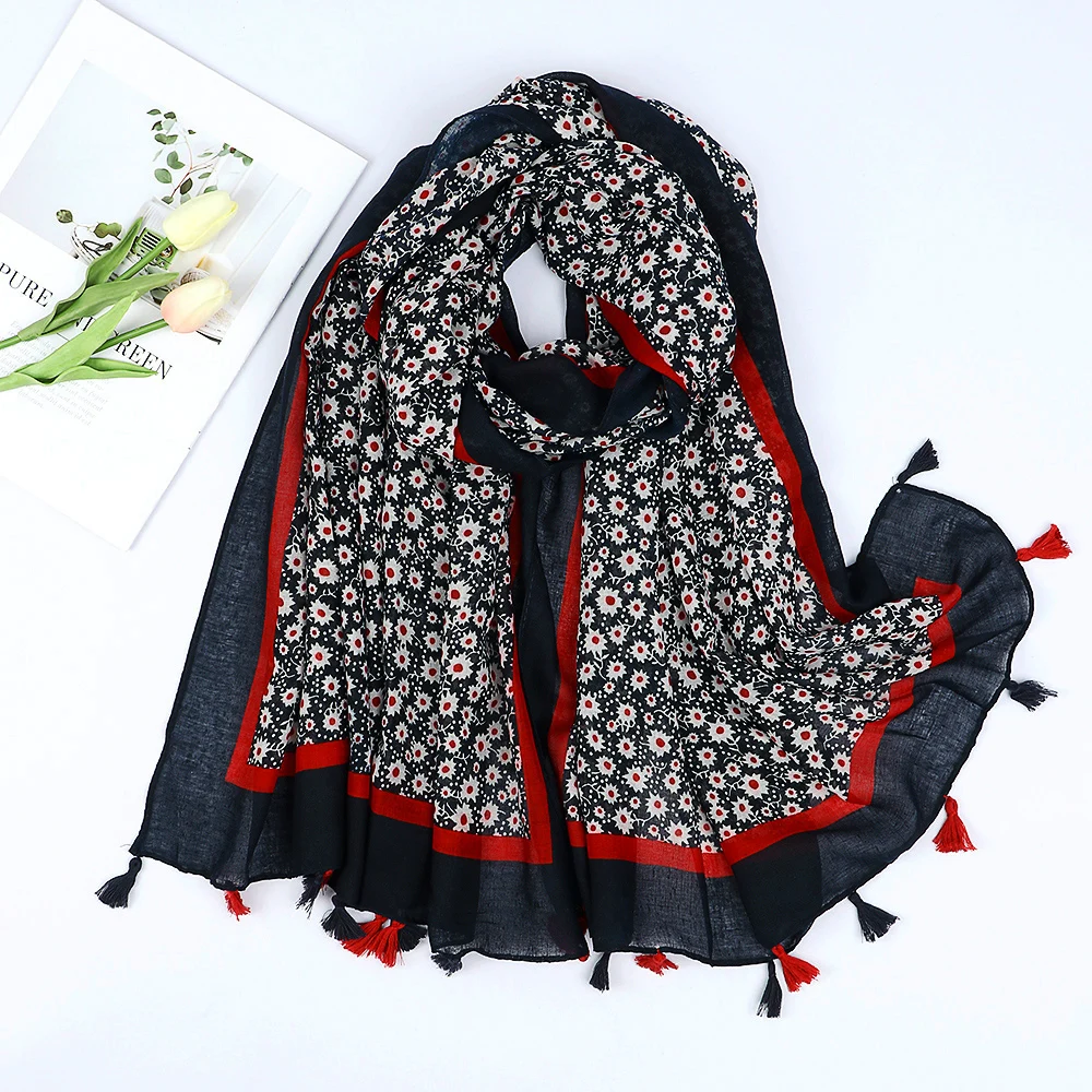 

2024 Luxury Brand Polka Floral Tassel Viscose Shawl Scarf Foulard Femme Hijab Pashmina Stole Bufandas Muslim Hijabs for Women