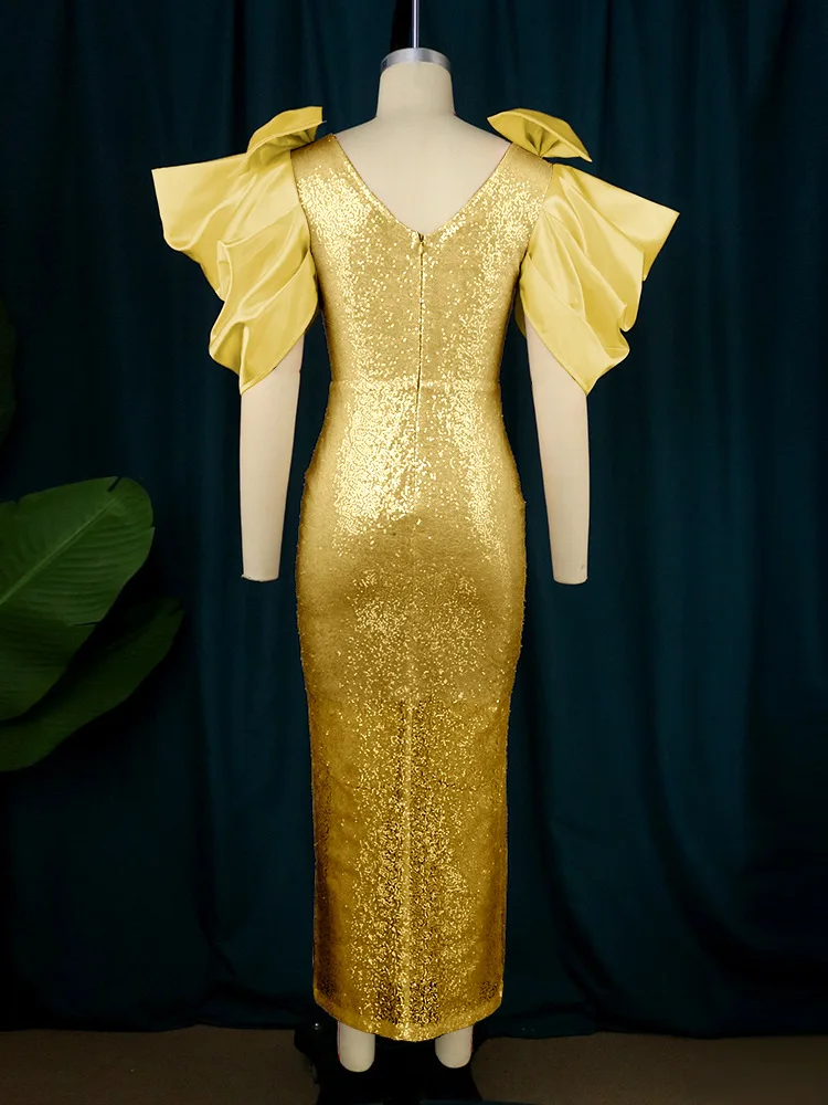 Plus Size Formal Dress for Women V Neck Ruffle Cap Sleeve Mermaid Evening High Split Prom Wedding Guest Bodycon Maxi Dress