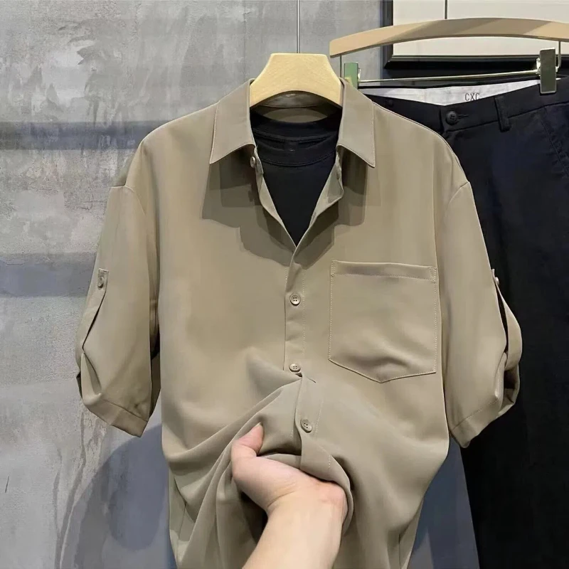 Men's Solid Pockets Patchwork Simplicity Fashion Blouse Summer New Short Sleeve Loose Korean Shirt Tops Casual Trend Men Clothes
