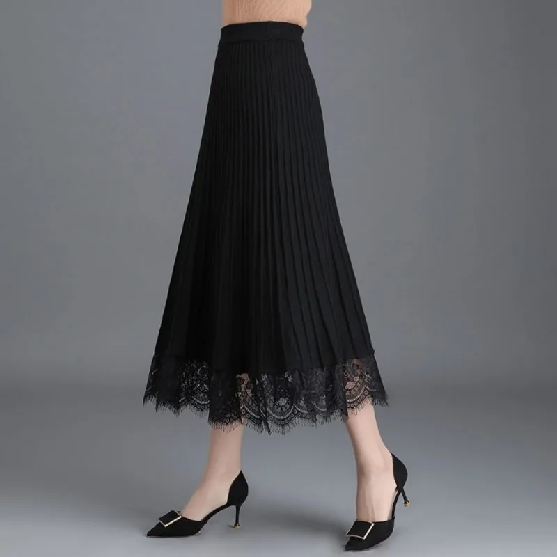 Elegant Women High Waist Pleated Midi Skirt Lace Hem A Line Skirt Solid Casual
