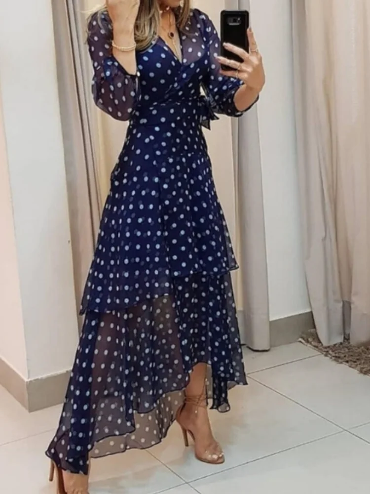 Women\'s Dress Elegant Fresh Sweet Polka Dot Print Asymmetrical Layered V-neck Long Sleeve Tie Details High Waist Slim Maxi Dress