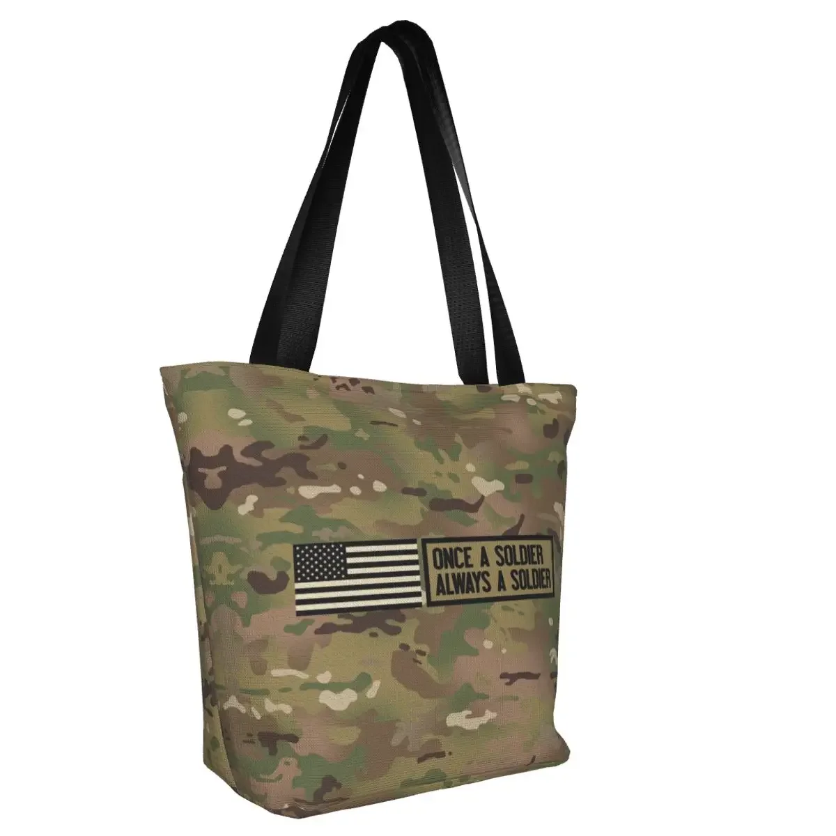 Once A Soldier Always A Soldier Shopping Bag Shoulder Canvas Tote Bag Portable Camo Camouflage Army Groceries Shopper Bags