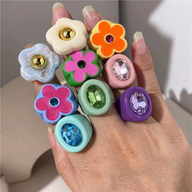 2022 New Sweet Multicolor Resin Oil Drip Ring for Women Geometric Oval Flowers Beads Rhinestones Ring Cute Jewelry HangZhi