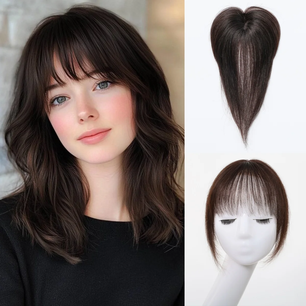 

Dark Brown Human Hair Toppers For Women Silk Base Clips In Toppers With Fringe 10 Inch Straight Hair Piece for Thinning Hair