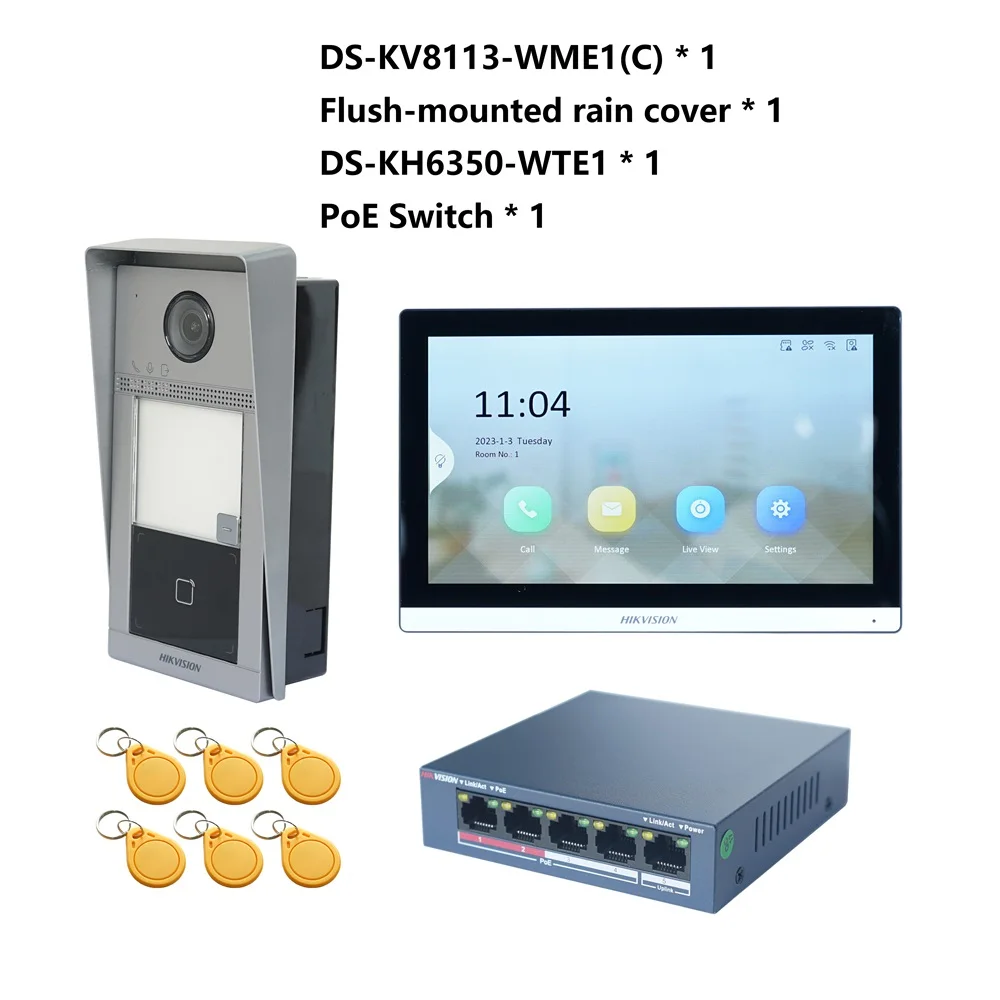 HIKVISION Original Multi-language POE Video intercom KIT,include DS-KV8113-WME1(C) & DS-KH6350-WTE1 & PoE Switch