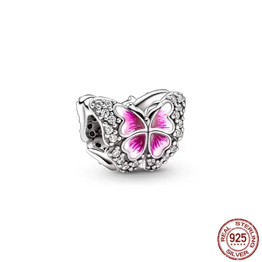 Colgante Brillante De plata de ley 925, dije de mariposa rosa, azul, dorada, pájaro, conejo, compatible con pulsera Pandora Original, joyería artesanal