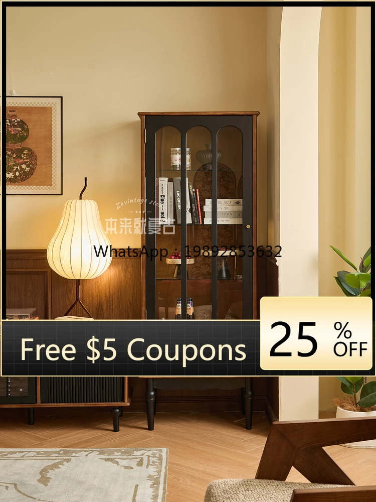 

YFY French Retro Solid Wood Glass Wine Cabinet Display Storage Rack Home Sofa Side Cabinet Storage Cabinet