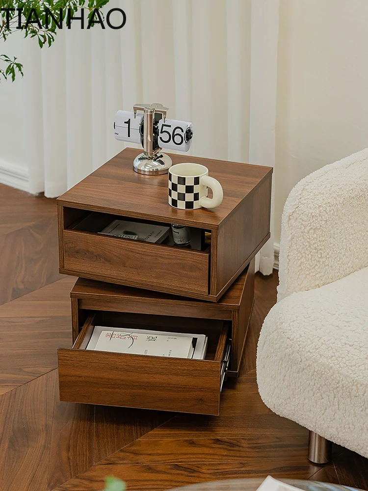 Retro Rotating Bedside Tables,Solid Wood,Nordic Living Room Storage Cabinet,Luxury Home Nightstands,Bedroom Furniture