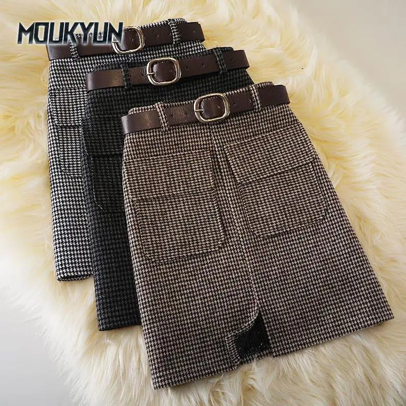 

Plaid Wool Blend Belted Skirts High Waist Slim Houndstooth A-Line Skirt