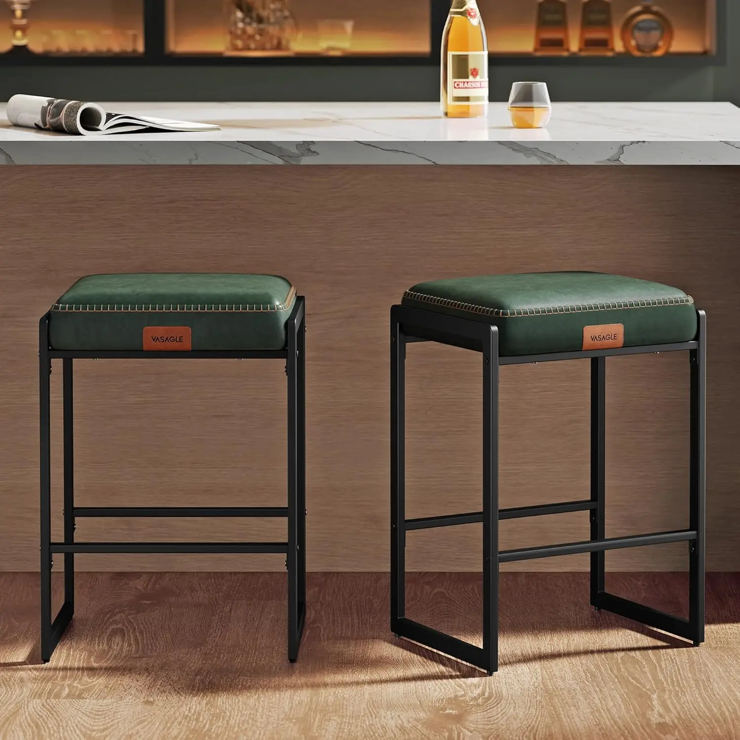 

EKHO Collection - Bar Stools Set of 2, Counter Height Bar Stools, Synthetic Leather with Stitching, Mid-Century Modern