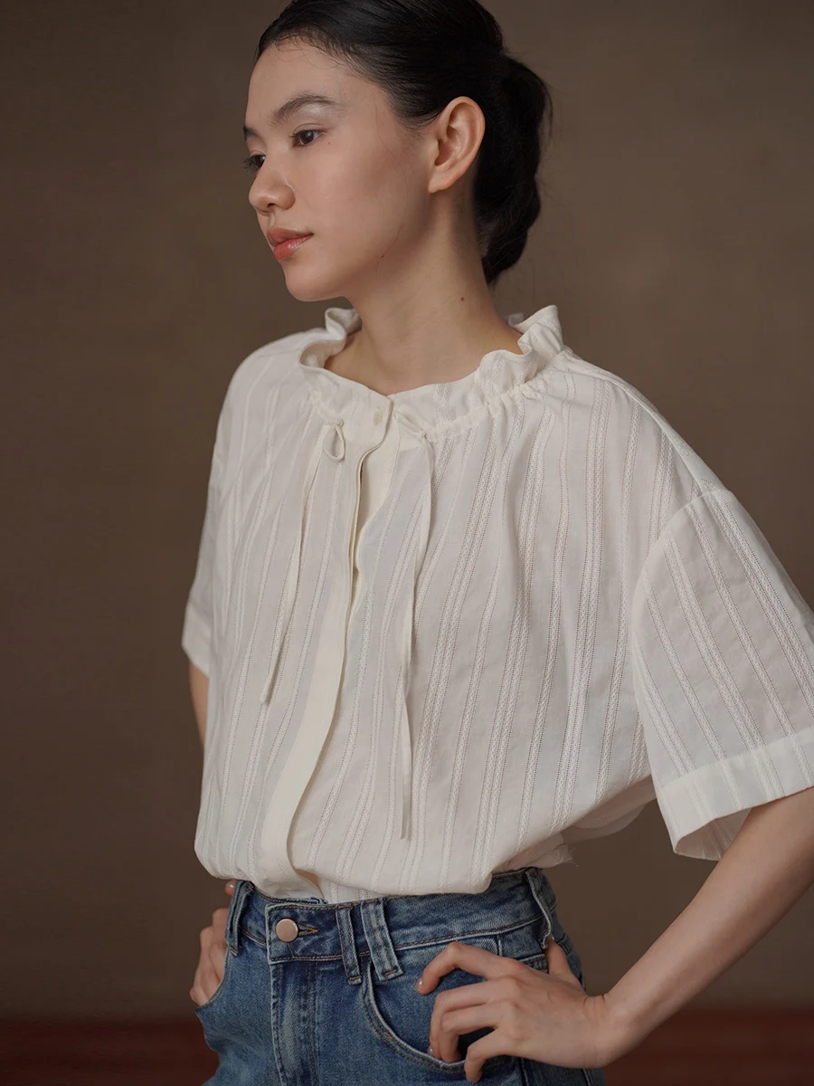 

Hacikis Miss Lace Collar Mixed Linen Cotton Embroidered Striped Loose Short Sleeve Shirt Women's Casual Style Spring Fashion