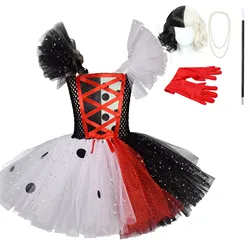 Black White Cruella Girls Costume Dalmatians Tutu Dress for Kids Villian Cruella De Vil Halloween Outfit Children Clothes 1-12Y