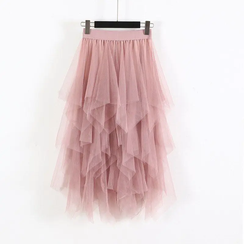 Women Elastic High Waist Irregular Mesh Stitching Wild Long Paragraph Skirt Solid Color