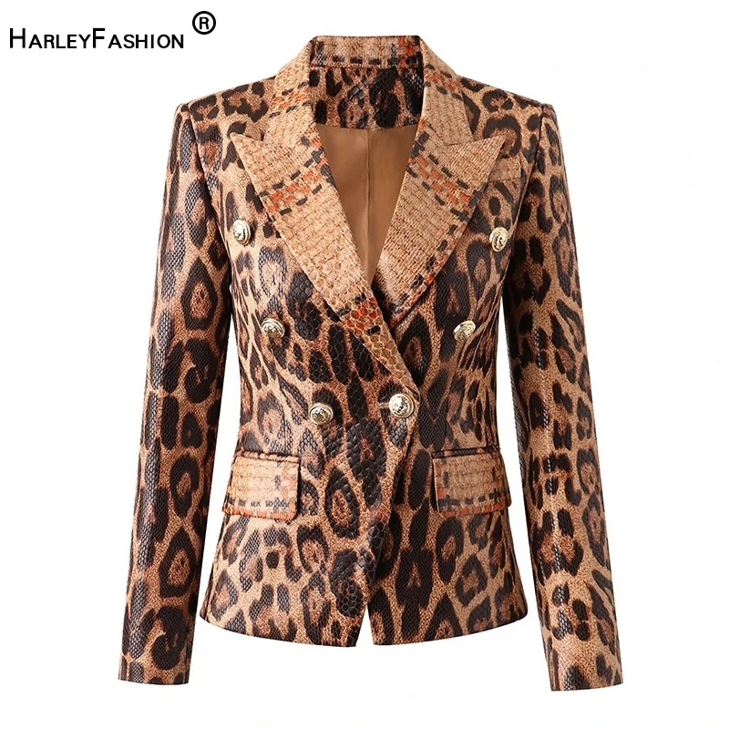 HarleyFashion Spring High Streeet Women Blazer Jacket Unique Snake Pattern Animal Ladies PU Leather Jacket