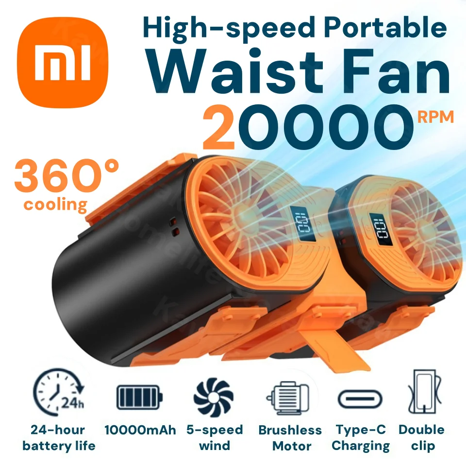 Перезаряжаемый поясной вентилятор Xiaomi, 20000 об/мин, 10000 мАч, 24 часа, время работы, 5 скоростей, двойной двигатель, зажим для ремня, уличное офисное охлаждение для путешествий