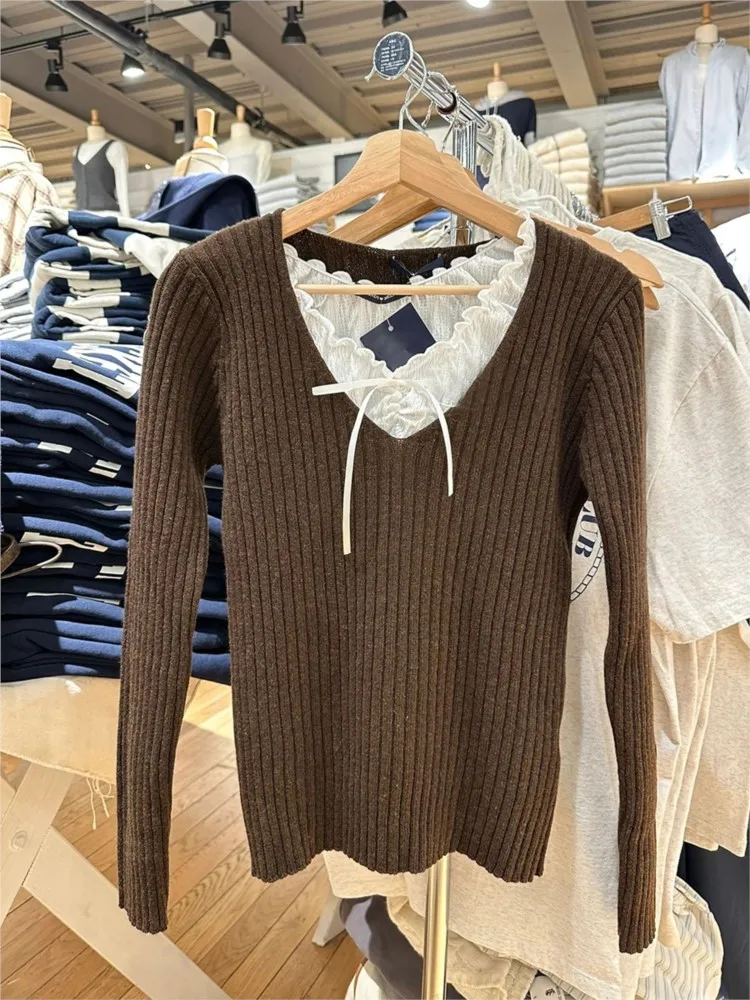 Nieuwe Amerikaanse Vintage Bruine Trui Vrouwen Herfst V-hals Lange Mouw Slanke Jumper Zoete Streetwear Preppy Stijl Katoenen Truien Y2K