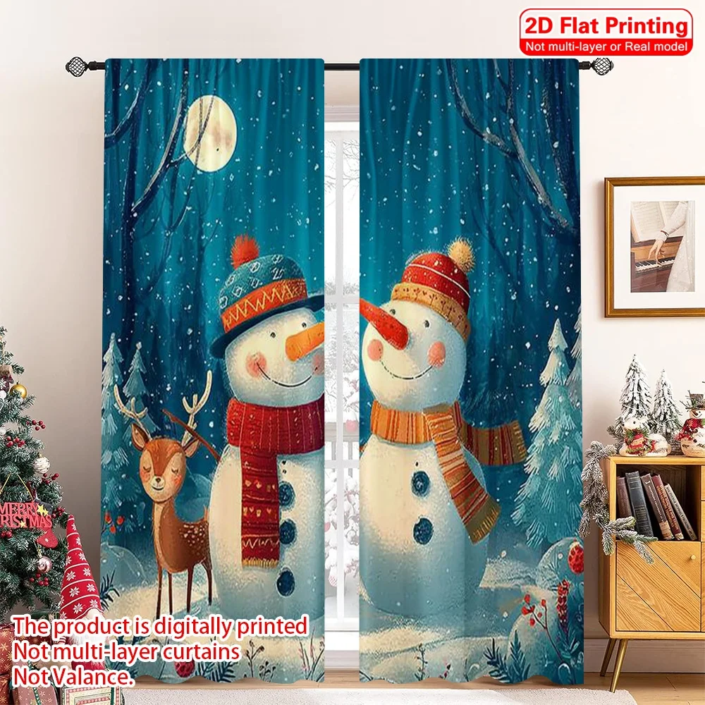 

2pcs 2D flat printing Merry Christmas Curtain Snowman & Reindeer Christmas Fabric Without Electricity Festive Wall Decor for