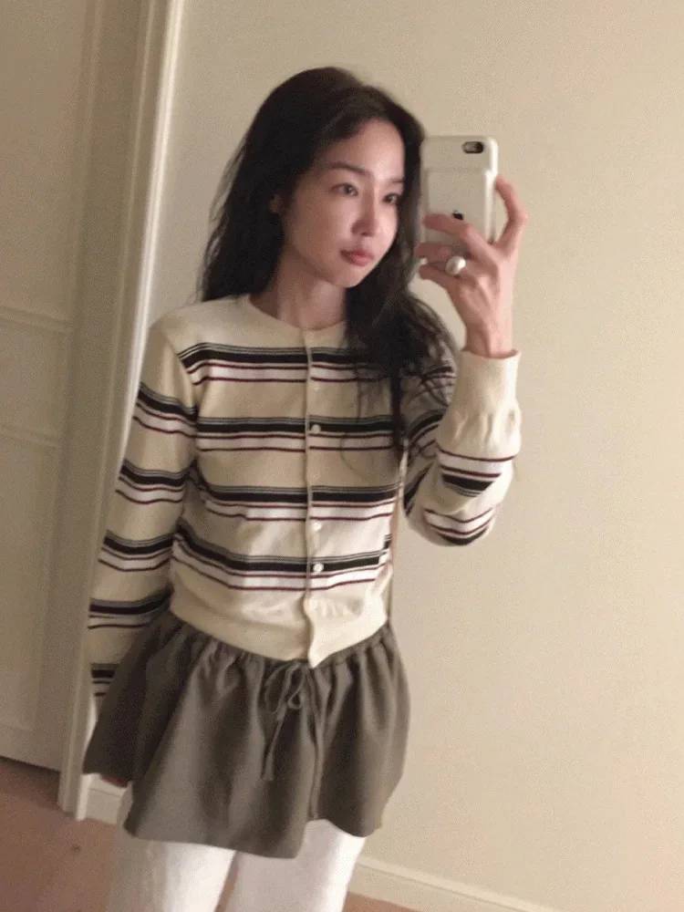 

Classic Striped round Neck Knitted Open Cardigan Spring 2026 New Arrival Dongdaemun Baby Sauce Bold Color Block Korean Style ...