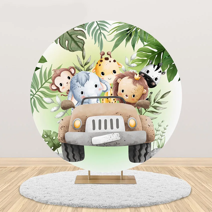 

Mehofond Safari Round Backdrop Cover Forest Jungle Wild Animals Decor Oh Baby Shower Background Brown Truck Photoshoot Props