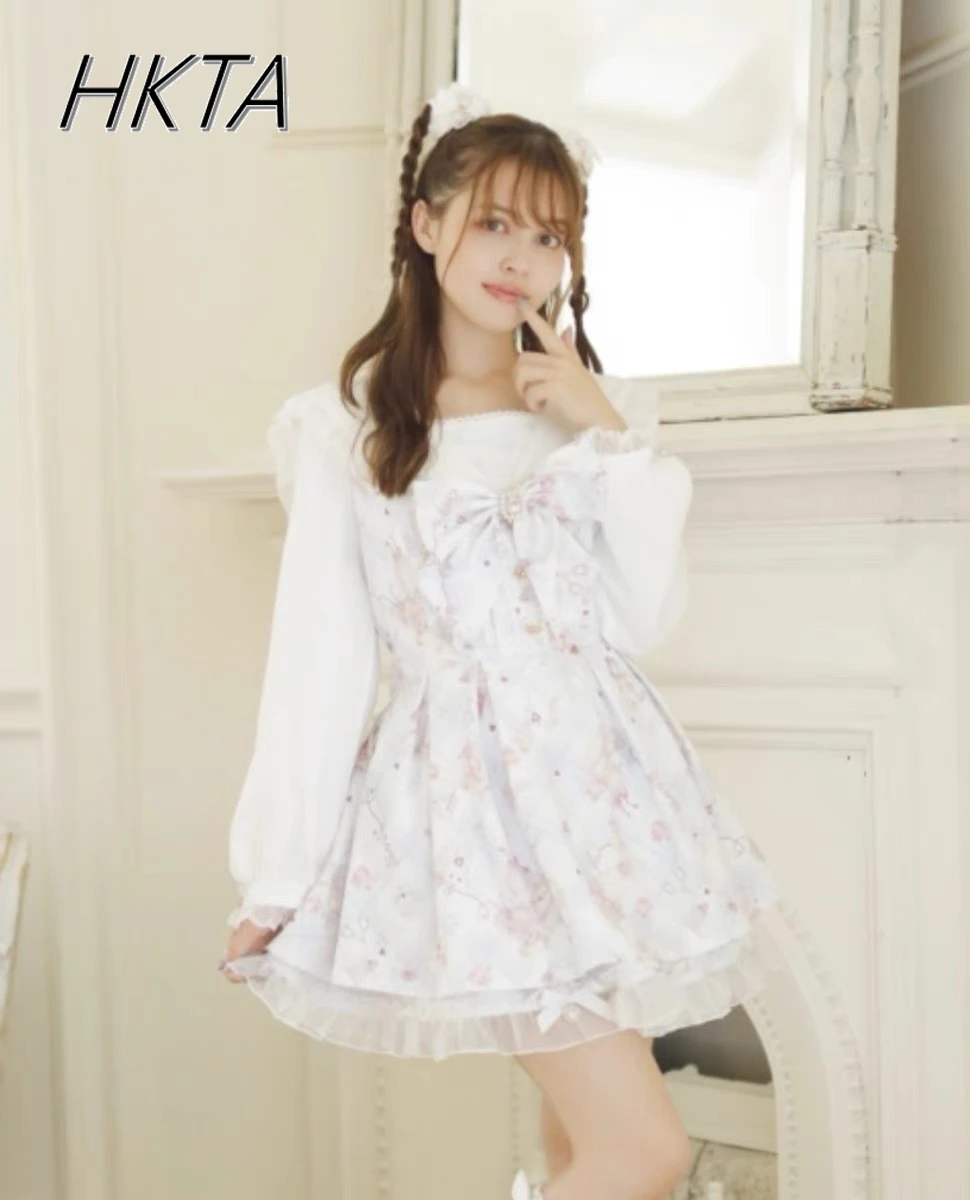 2024 Autumn New Japanese Liz Dress Sweet Girls Lolita Bow Cute Cartoon Print Long-sleeved Dress Set Mine Short Skirt 2-piece Set