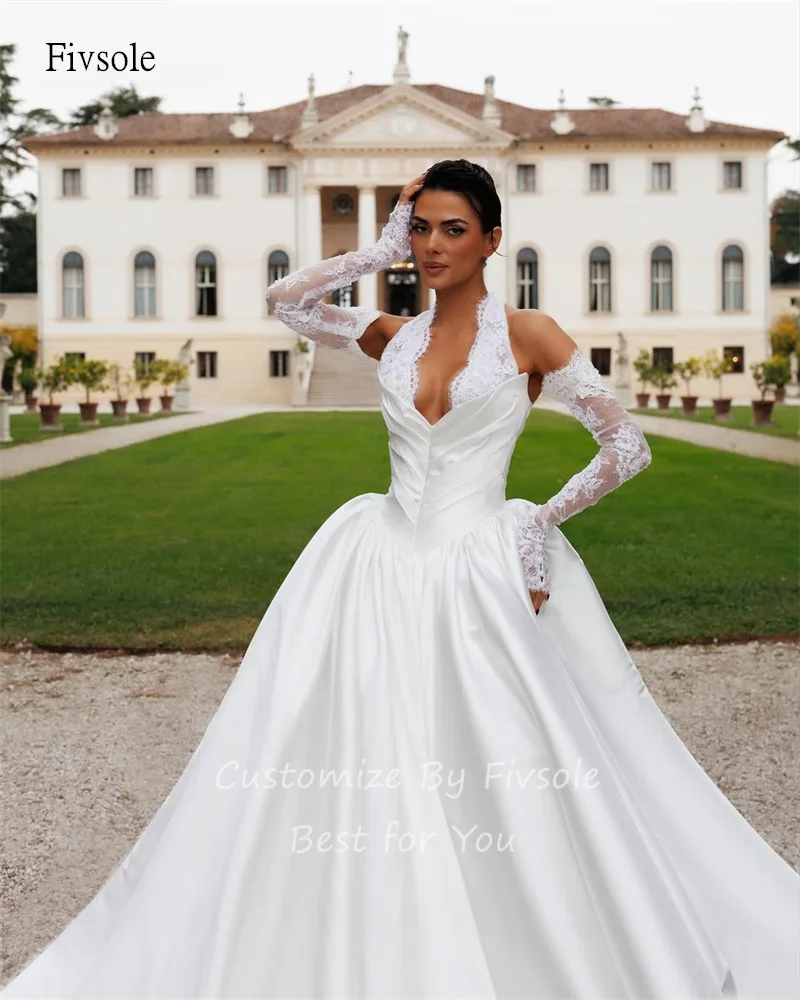 Fivsole الحديثة الدانتيل الرسن ألف خط فستان الزفاف عارية الذراعين ذيل طويل فساتين العروس طول الأرض فستان الزفاف حسب الطلب
