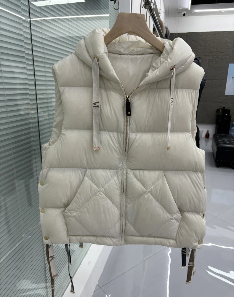 Schinteon Women 90% White Duck Down Vest with Hood Casual Sleeveless Jacket Simple Solid Color Fashionable Autumn Winter Top New