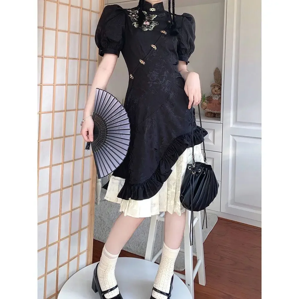 

New Chinese Style Dresses Elegant Improved Qipao Embroider Floral Vestidos Ruffle Cheongsams Women Sexy Qipaos Slim Dresses