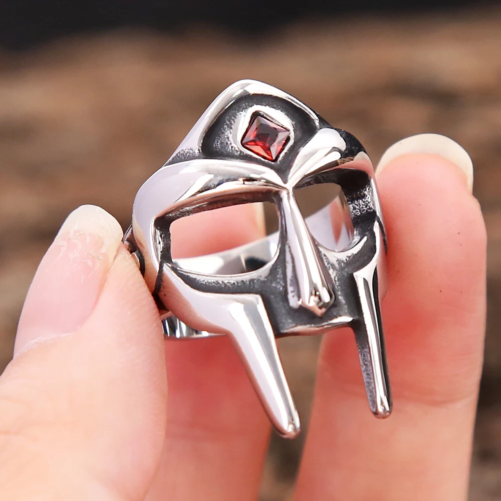 Punk Vintage Stainless Steel MF DOOM Mask Rings With Red Stone Fashion Fingers Jewelry For Men Women Party Amulet Jewelry Gifts