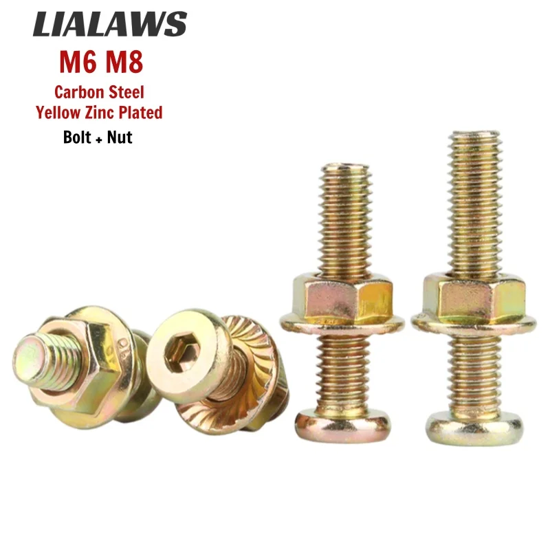M6 M8 Furniture Bolt Nut Set Hex Socket Connector Screw with Serrated Flange Nuts For Crib Bed Chair Cabinet Length 20-120mm