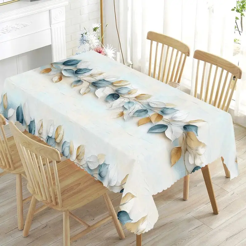 VIKAMA Morandi Blue Gold Watercolor Leaf Tablecloth Light Rectangular Waterproof Soft Nature Dining Table Decor Cover