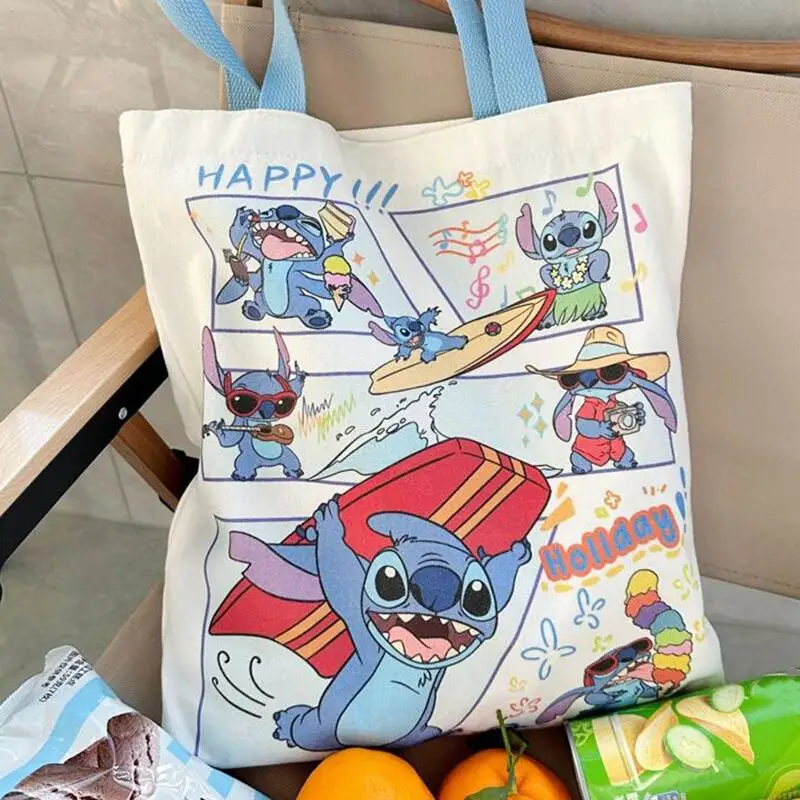 

Disney Stitch Shoulder Bag Miniso Anime Cartoon Cute Large Capacity Handbag Charm Canvas Shopping Bag Fashion Holiday Gifts