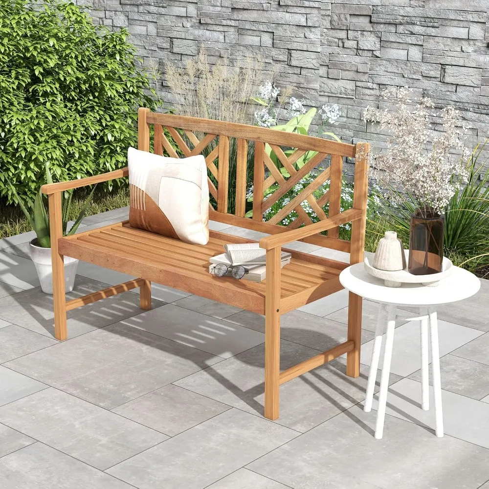 Acacia Wood Bench, 2-Person Outdoor Loveseat Chair, Cozy Armrest & Backrest, Sturdy Acacia Wood Frame, Outdoor Slatted Seating