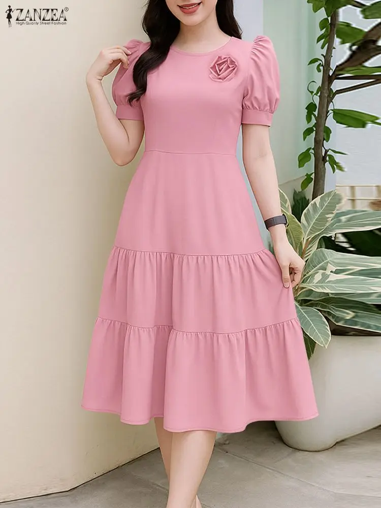 

ZANZEA Elegant Chic Womens Tiered Midi Dresses Fabric Flower Detailed O-Neck Short Puff Sleeve Solid Color A-Line Dress Woman