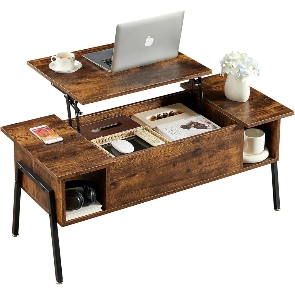 Table basse élévatrice en bois avec compartiment caché et étagère de rangement pour réception de salon/bureau, plateau montant