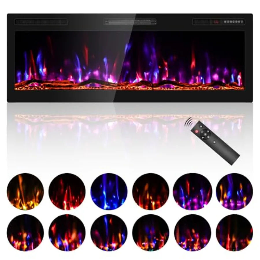 

50 Inch Electric Fireplace Recessed and Wall Mounted Ultra Slim Linear Fireplace Heater with Realistic Flame Effect 750W 1500W